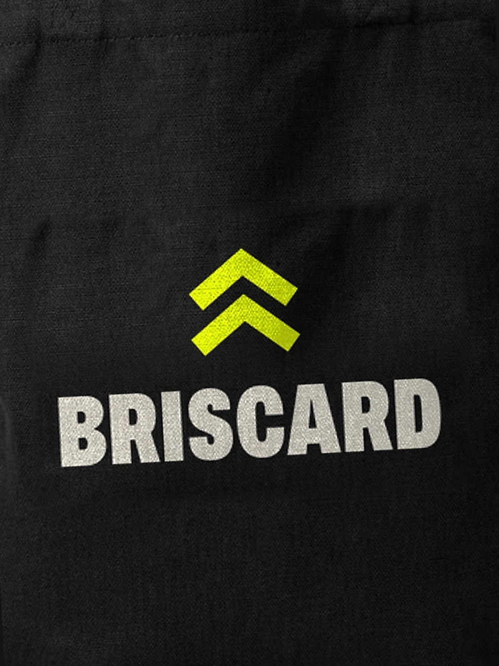 Gros plan du Tote Briscard : grain de la toile de coton noire, galon et BRISCARD sérigraphiés.